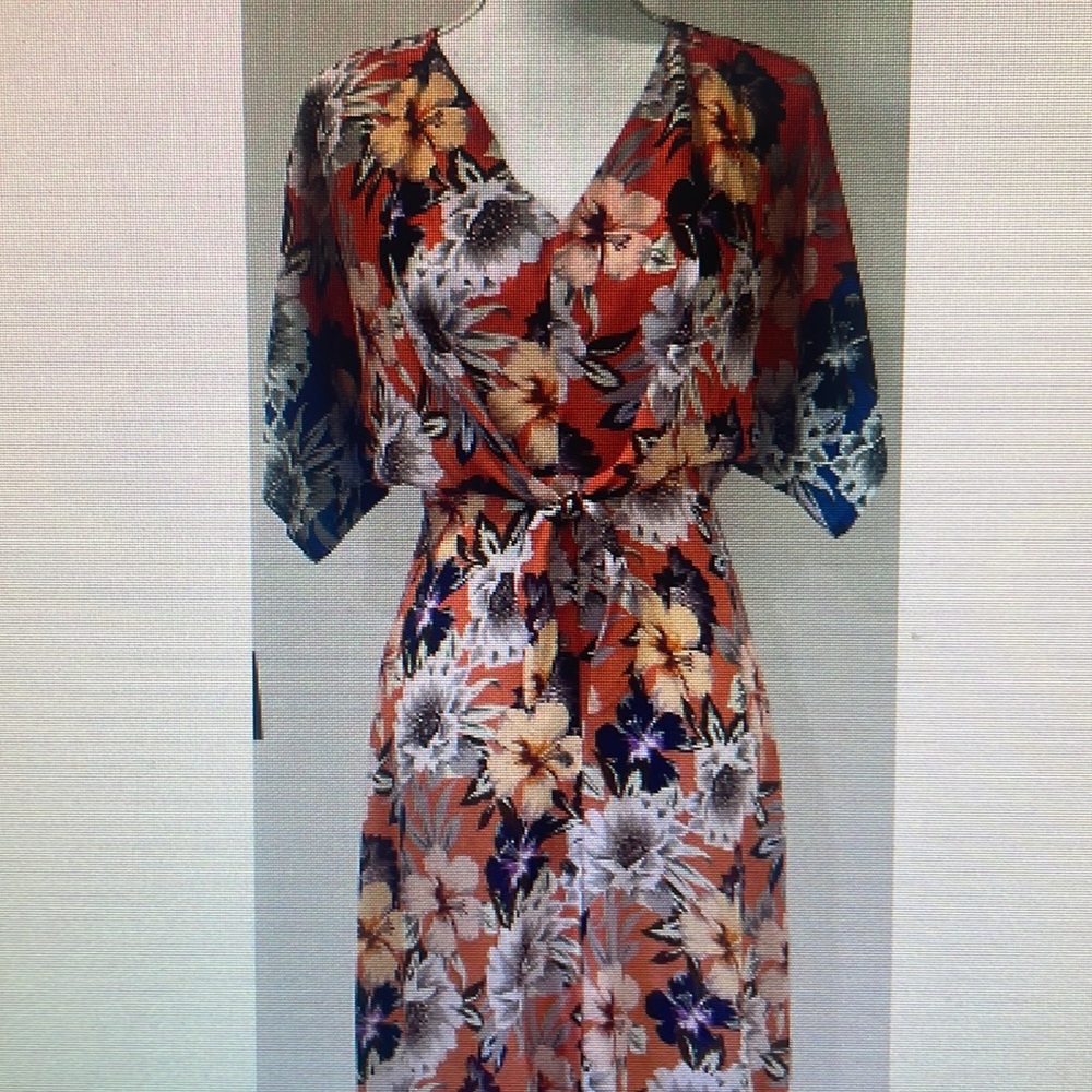 Johnny Was Jade Dress Size L Deepika Tie Front Orange Midi Floral Silky Dress